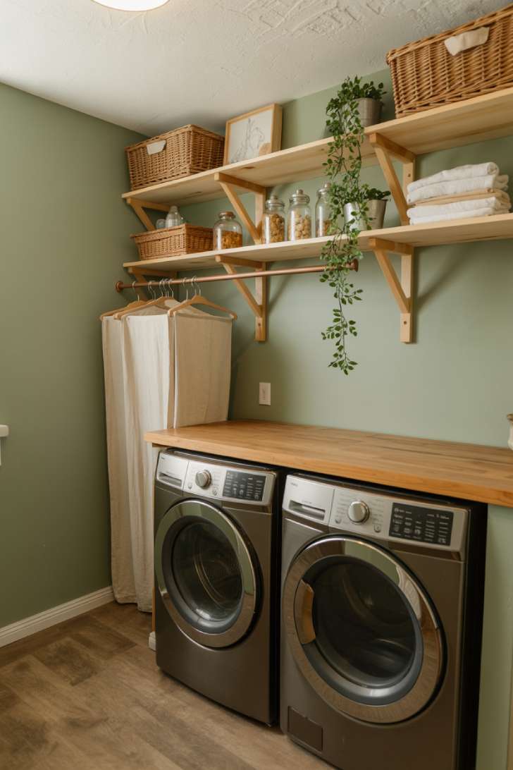13 Brilliant Green Laundry Room Ideas for a Stylish Space 3 Sage green laundry room walls with wood shelving, wicker baskets, and butcher block countertop