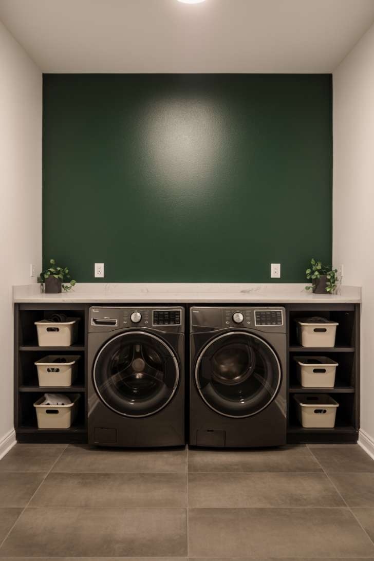 13 Brilliant Green Laundry Room Ideas for a Stylish Space 4 Dark forest green accent wall in a modern laundry room with black shelving and white quartz countertop