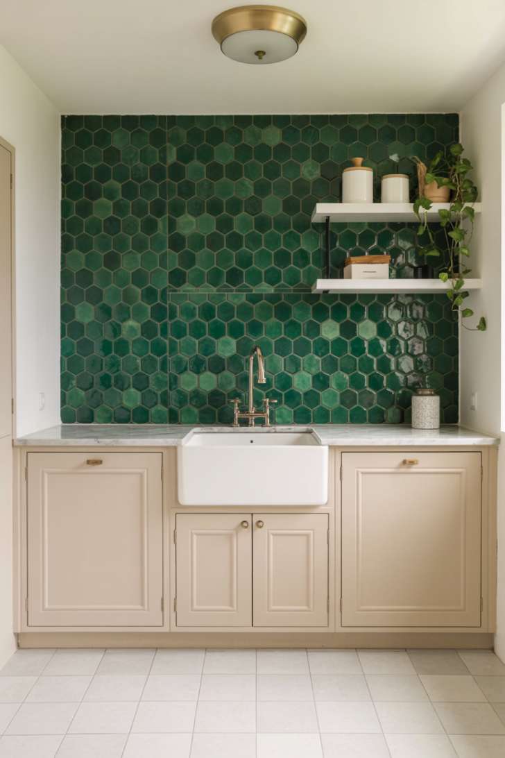 13 Brilliant Green Laundry Room Ideas for a Stylish Space 6 Emerald green hexagonal tile backsplash in a laundry room with white cabinets and gold hardware