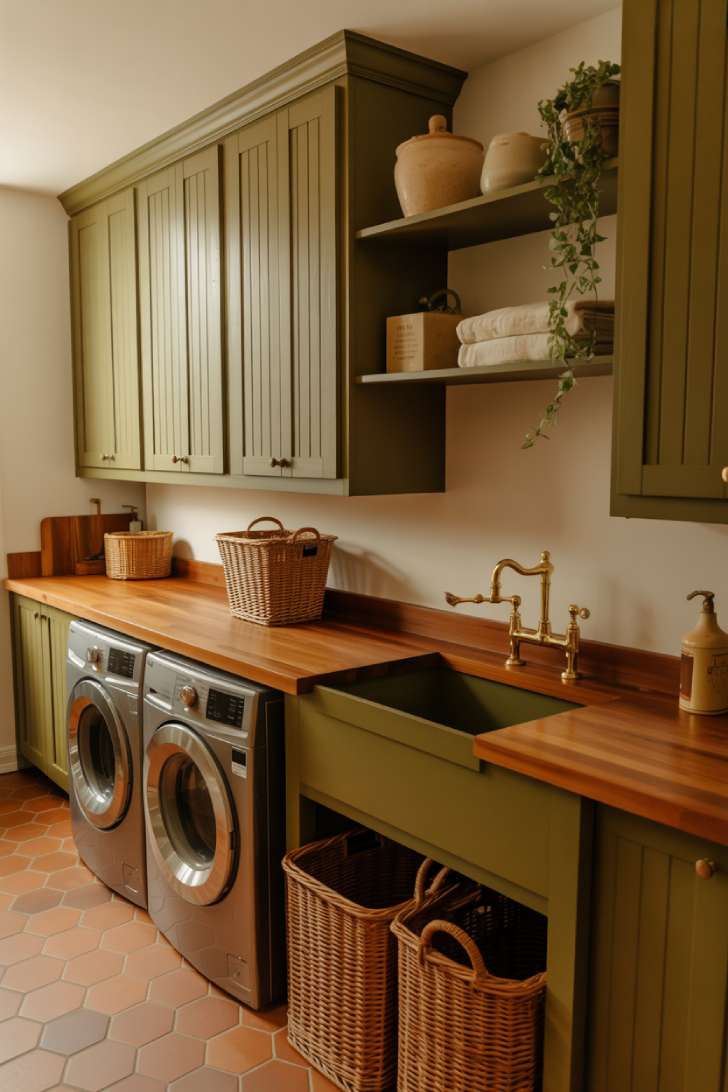13 Brilliant Green Laundry Room Ideas for a Stylish Space 8 Olive green laundry room cabinets with butcher block countertop, terracotta tile, and wicker baskets