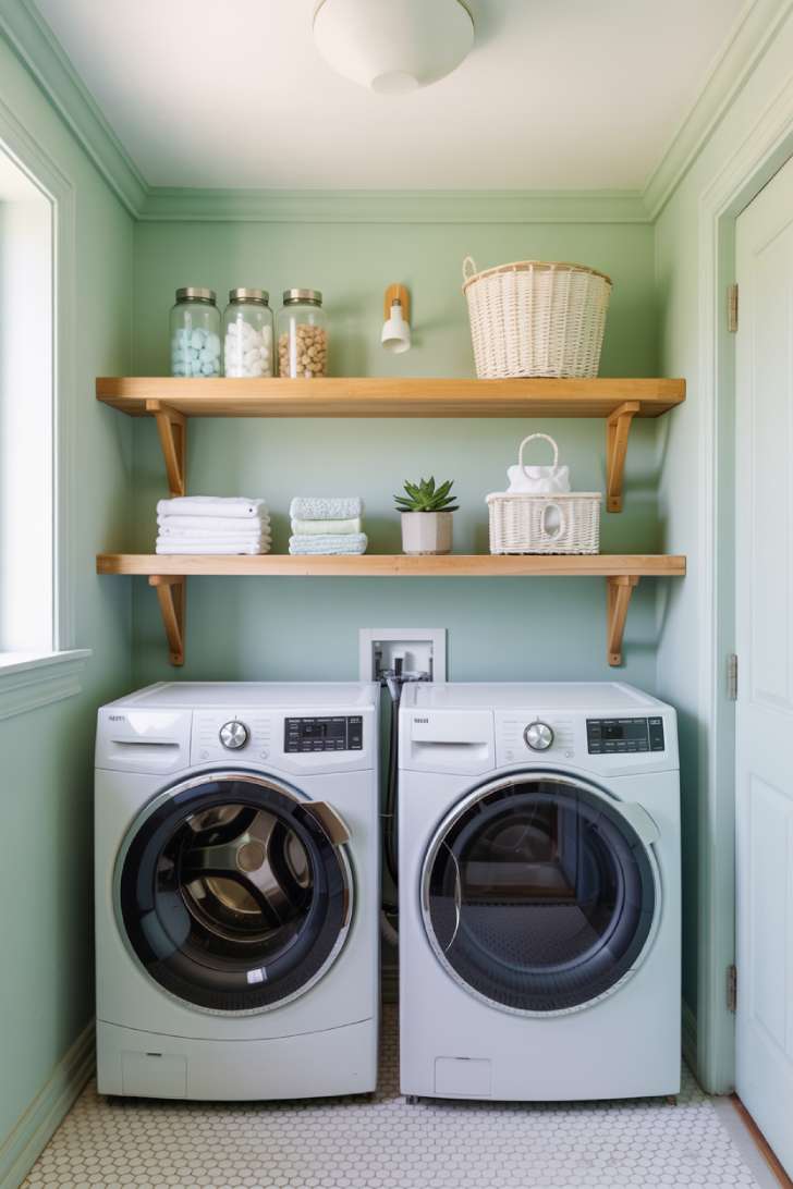 13 Brilliant Green Laundry Room Ideas for a Stylish Space 9 Mint green laundry room walls with oak floating shelves, white stacked appliances, and penny-round tile floor