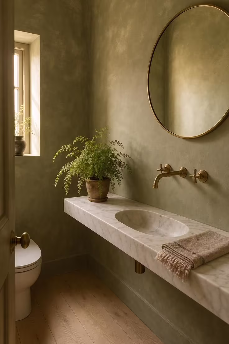 13 Lush Green Powder Room Ideas That Feel Like a Retreat 1 Sage green lime wash powder room walls with a slim marble ledge sink and unlacquered brass faucet in warm golden light
