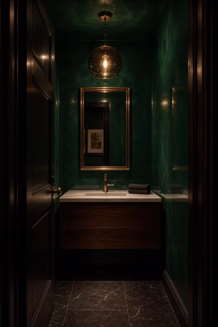 13 Lush Green Powder Room Ideas That Feel Like a Retreat 3 Emerald green lacquered powder room with a smoked glass pendant, dark walnut vanity, and black honed marble floor