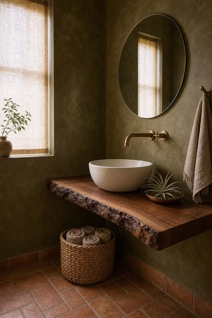 13 Lush Green Powder Room Ideas That Feel Like a Retreat 4 Olive green Venetian plaster powder room with a live-edge walnut shelf vanity, white vessel sink, and terracotta floor