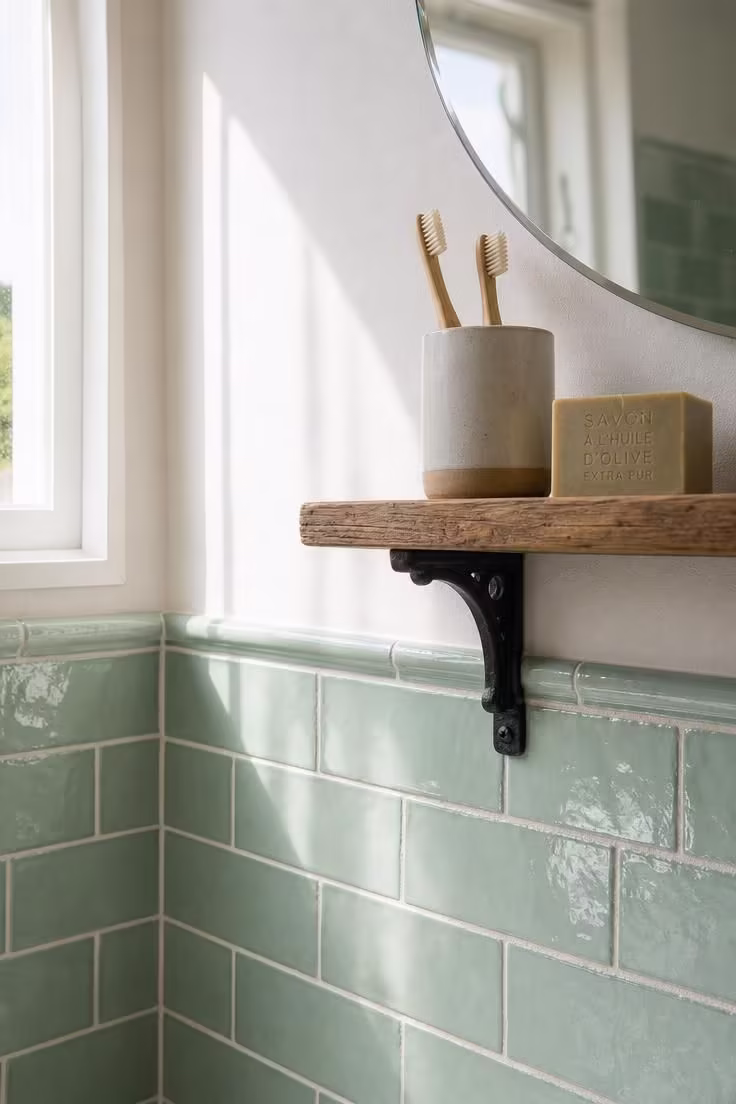 13 Lush Green Powder Room Ideas That Feel Like a Retreat 5 Close-up of mint green glossy subway tile wainscoting with black cast iron bracket shelf and handmade soap details