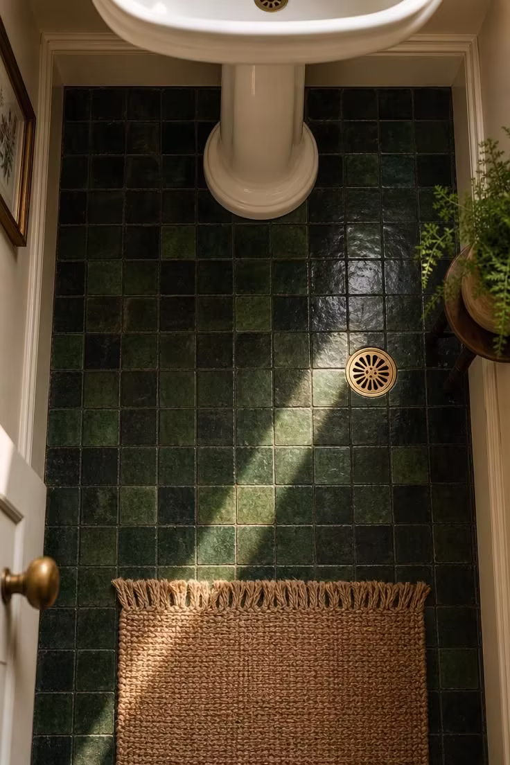 13 Lush Green Powder Room Ideas That Feel Like a Retreat 6 Overhead view of forest green hand-glazed ceramic tile floor with a white pedestal sink base and woven jute mat