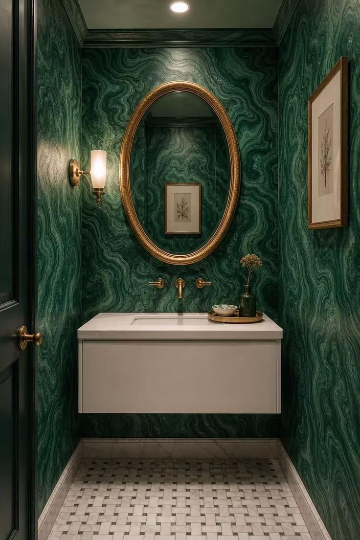 13 Lush Green Powder Room Ideas That Feel Like a Retreat 7 Malachite-patterned green wallpaper powder room with a gold leaf oval mirror and white floating vanity