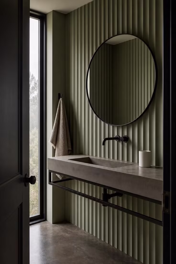 13 Lush Green Powder Room Ideas That Feel Like a Retreat 8 Sage green fluted plaster powder room with a concrete basin, matte black faucet, and round black-framed mirror