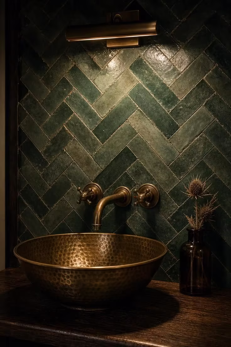 13 Lush Green Powder Room Ideas That Feel Like a Retreat 9 Close-up of jade green zellige tiles in herringbone pattern with a hammered brass vessel sink under low picture light
