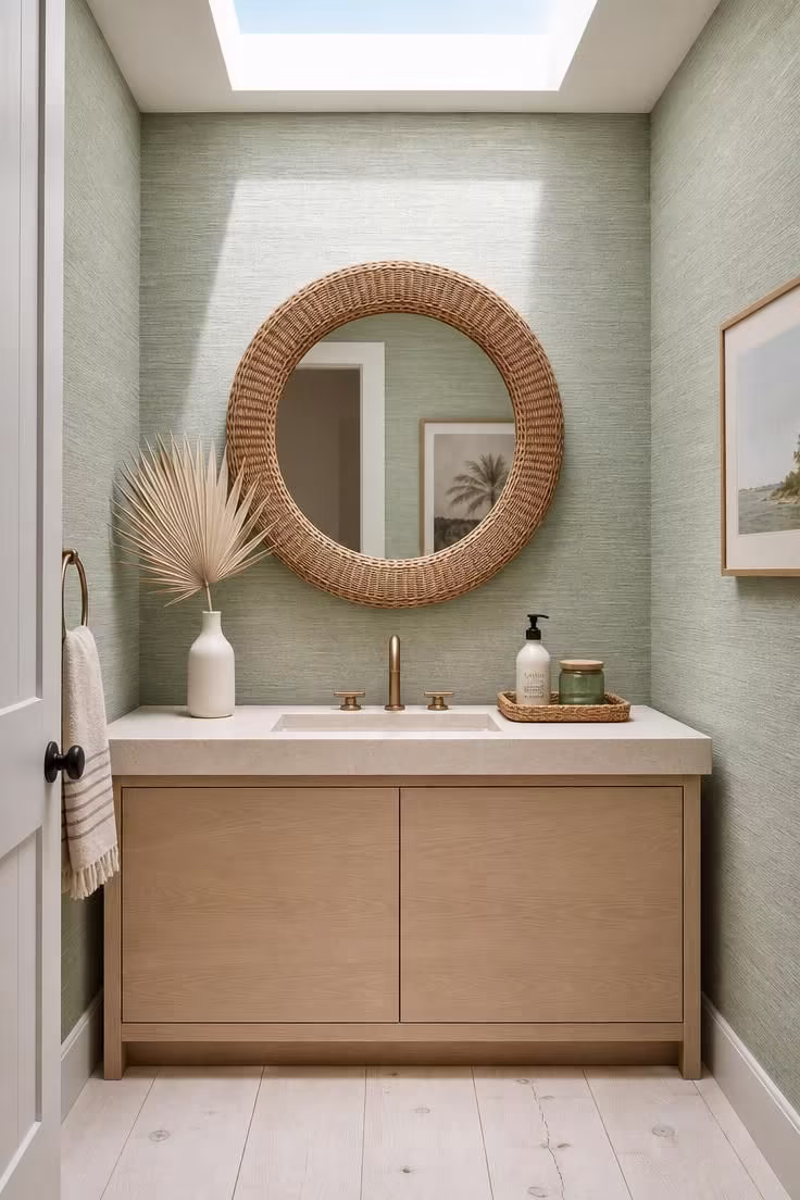 13 Lush Green Powder Room Ideas That Feel Like a Retreat 10 Celadon green grasscloth powder room with a rattan-frame mirror, honed limestone countertop, and bright skylight