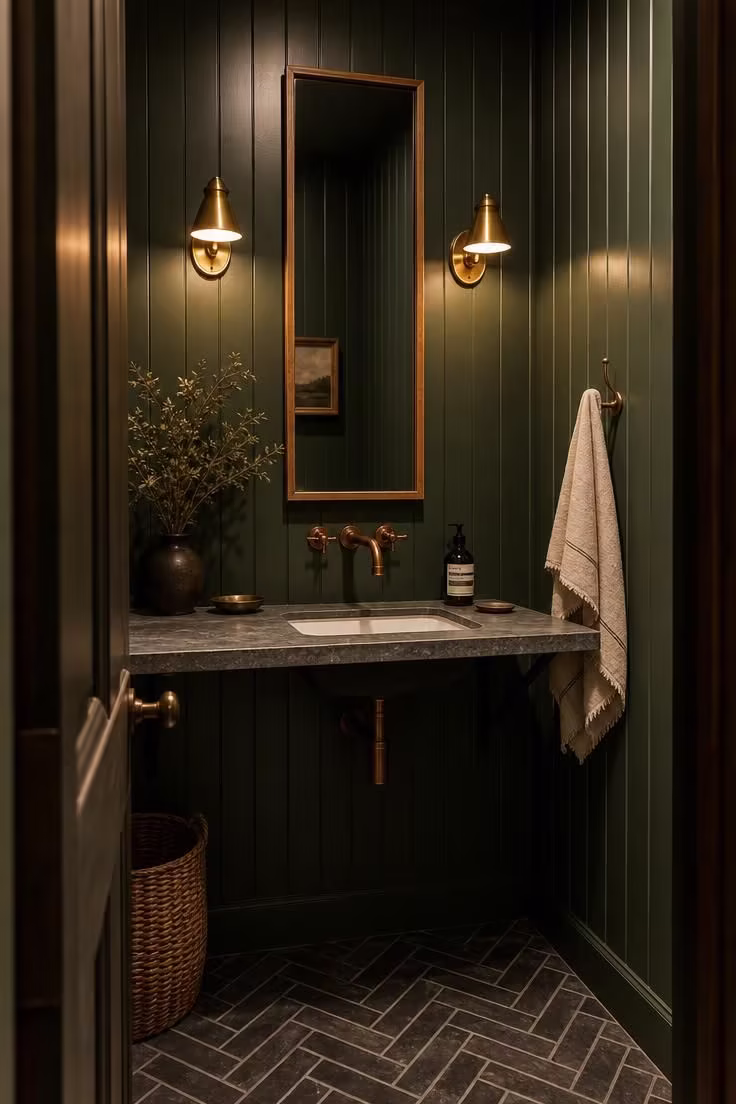 13 Lush Green Powder Room Ideas That Feel Like a Retreat 11 Dark bottle green tongue-and-groove powder room with copper wall faucet, soapstone countertop, and herringbone brick floor
