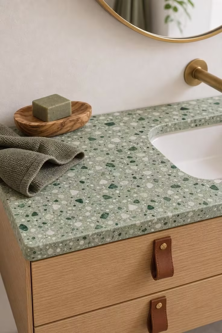 13 Lush Green Powder Room Ideas That Feel Like a Retreat 12 Close-up of green terrazzo countertop with emerald and mint chips on a floating white oak vanity with leather pulls