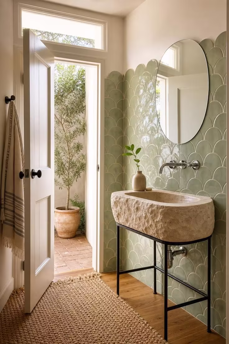 13 Lush Green Powder Room Ideas That Feel Like a Retreat 13 Pistachio green Moroccan fish scale tile powder room with carved stone basin on black iron stand and jute rug
