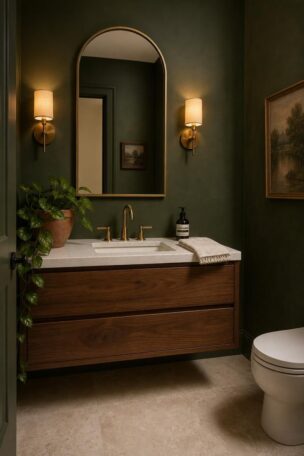 Cozy green powder room with sage walls, floating walnut vanity, brass-framed arched mirror, and warm sconce lighting