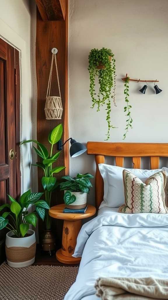 A rustic farmhouse bedroom filled with greenery and indoor plants, featuring a wooden bed, hanging planters, and natural textures.