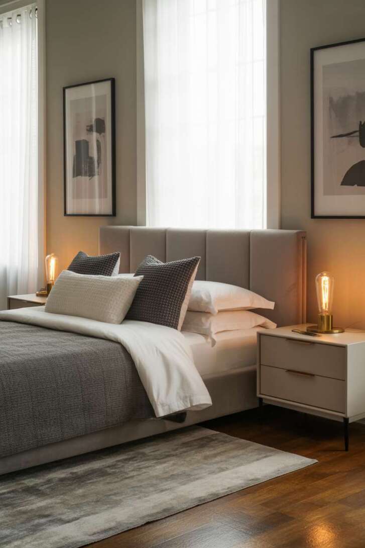20 Cozy Grey and White Bedroom Ideas for Peaceful Nights 1 Modern grey bedroom with tufted headboard and brass lamp accents