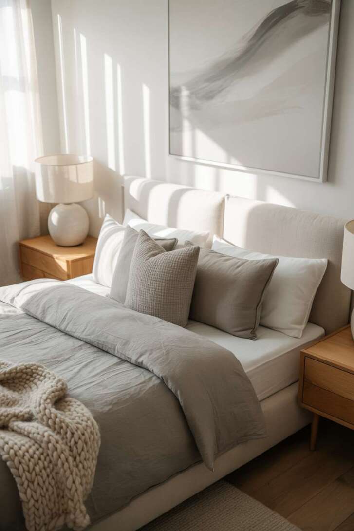 20 Cozy Grey and White Bedroom Ideas for Peaceful Nights 2 Scandinavian-style bedroom featuring soft grey linens and wooden nightstands