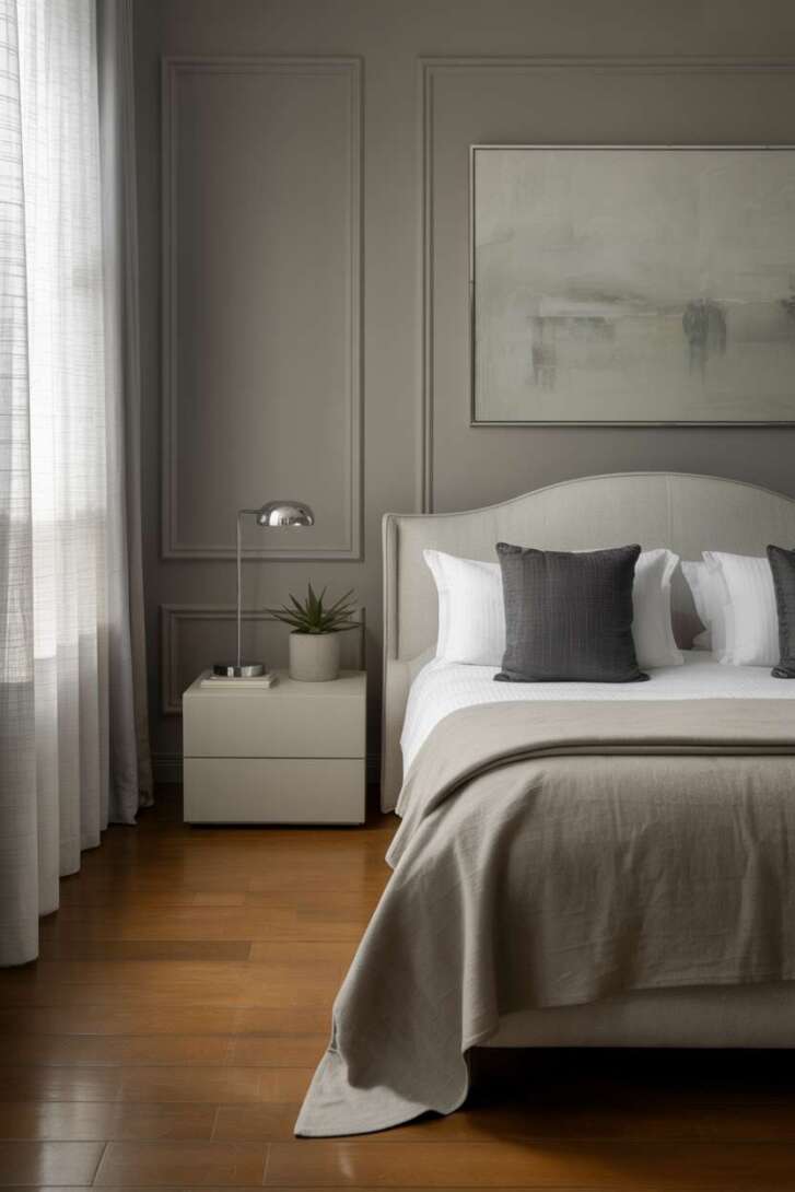 20 Cozy Grey and White Bedroom Ideas for Peaceful Nights 4 Elegant grey and white bedroom with chrome lamps and cashmere throw