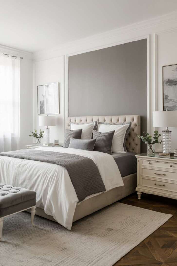 20 Cozy Grey and White Bedroom Ideas for Peaceful Nights 5 Master bedroom showcasing a tufted pewter headboard and crystal table lamps