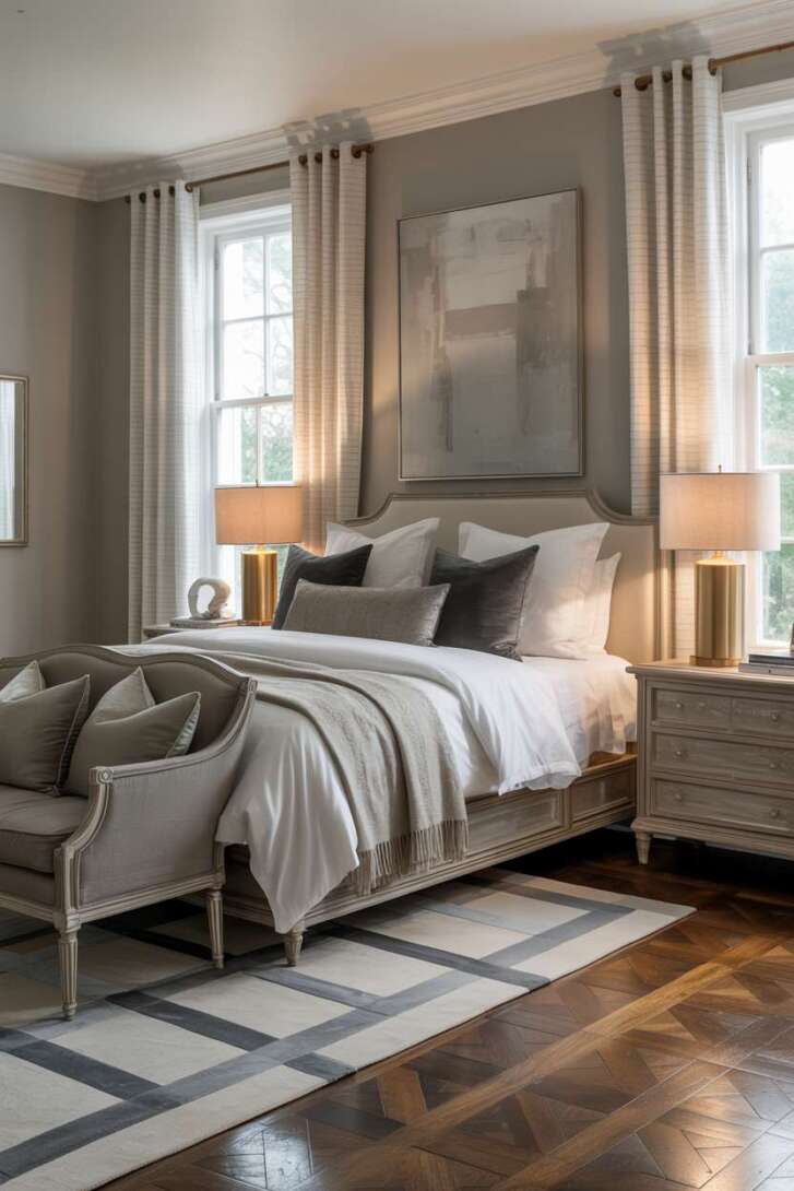 20 Cozy Grey and White Bedroom Ideas for Peaceful Nights 6 Master bedroom with weathered grey wood nightstands and geometric area rug