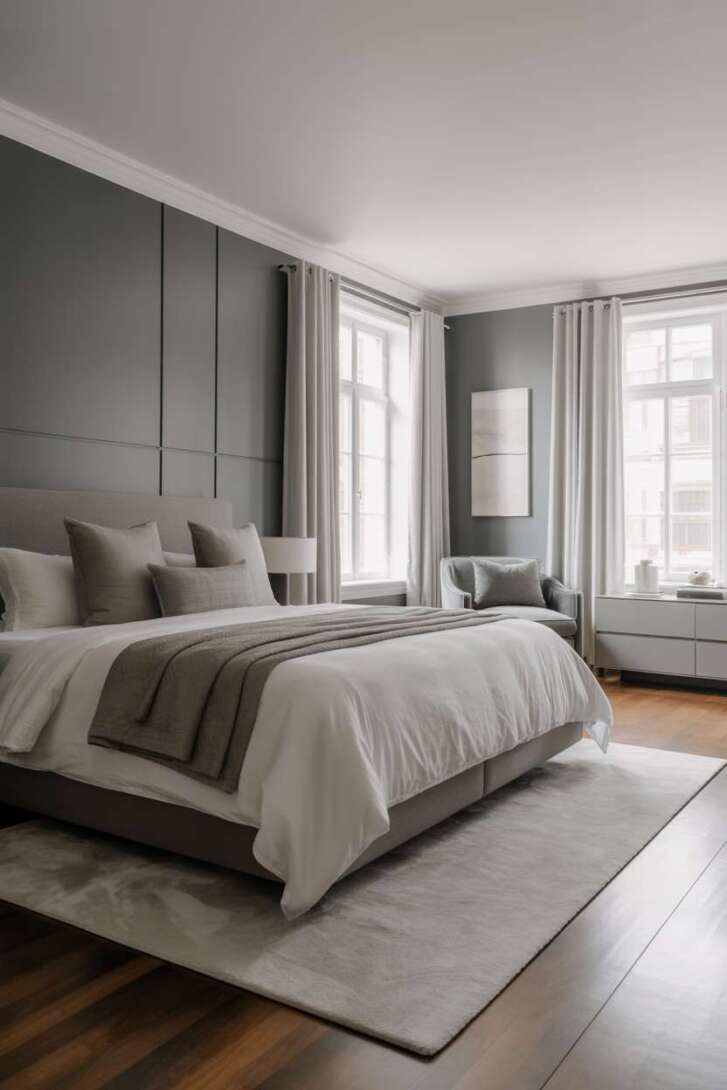 20 Cozy Grey and White Bedroom Ideas for Peaceful Nights 7 Modern bedroom featuring charcoal accent wall with geometric paneling