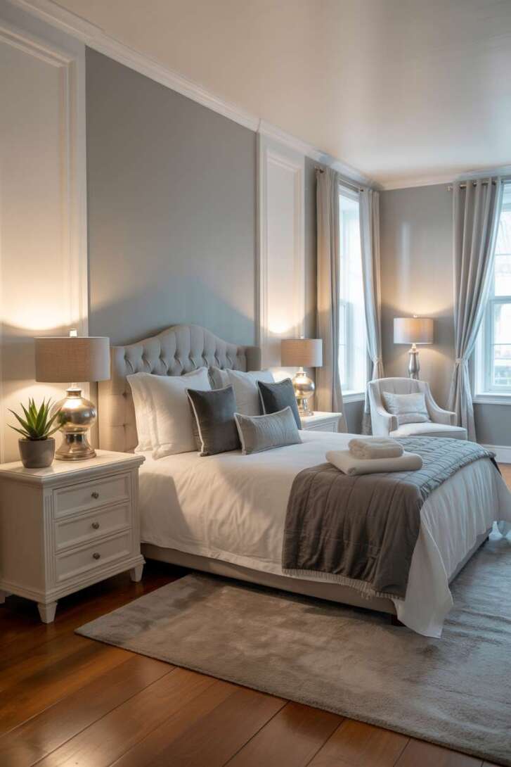 20 Cozy Grey and White Bedroom Ideas for Peaceful Nights 8 Elegant master bedroom with flowing white curtains and light grey reading chair