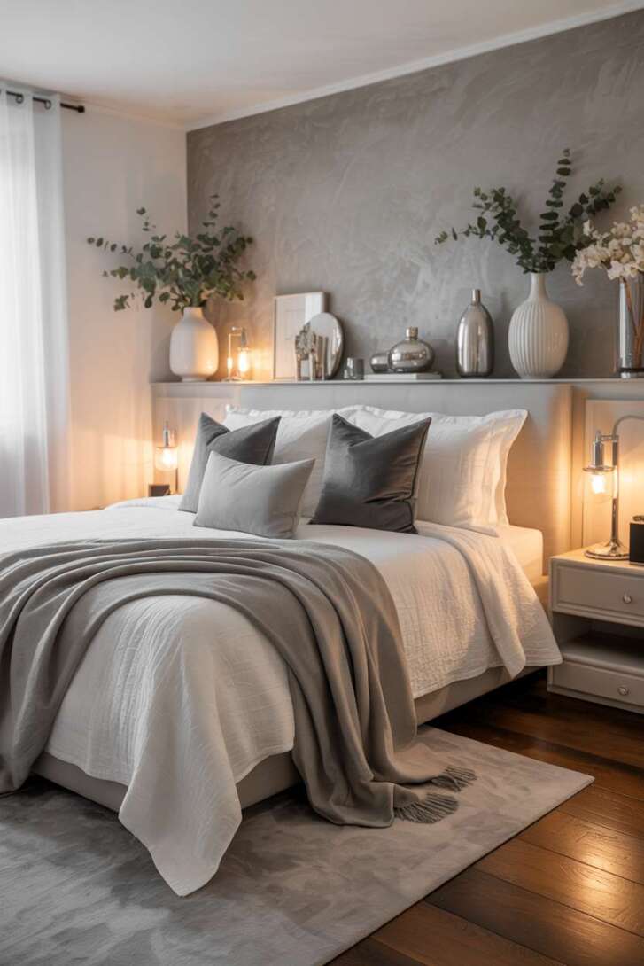 20 Cozy Grey and White Bedroom Ideas for Peaceful Nights 9 Beautifully styled bedroom with eucalyptus branches in white ceramic vases
