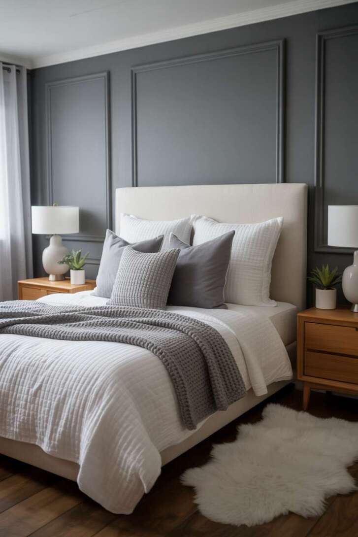 20 Cozy Grey and White Bedroom Ideas for Peaceful Nights 11 Bedroom featuring charcoal grey accent walls and white upholstered headboard