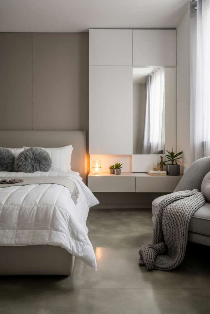 20 Cozy Grey and White Bedroom Ideas for Peaceful Nights 12 Small bedroom with floating nightstands and grey armchair reading nook