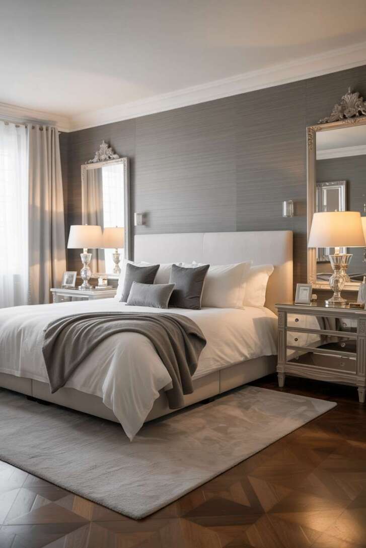 20 Cozy Grey and White Bedroom Ideas for Peaceful Nights 14 Bedroom featuring ornate silver-framed mirrors and crystal table lamps