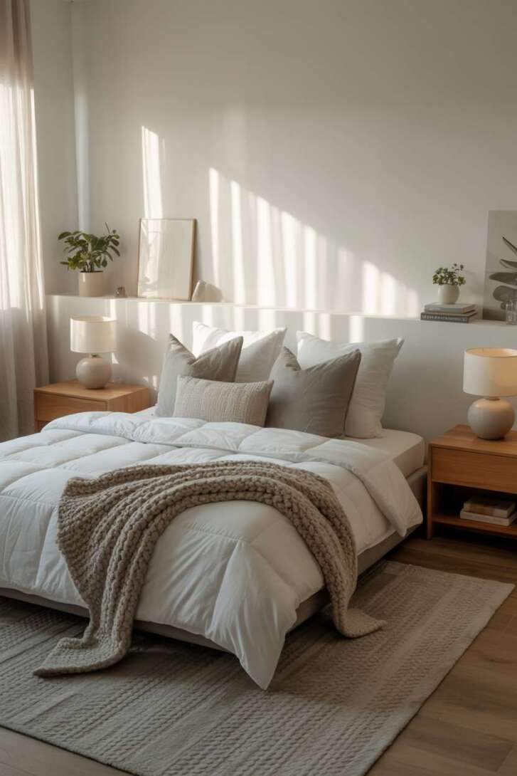 20 Cozy Grey and White Bedroom Ideas for Peaceful Nights 15 Serene bedroom with minimalist platform bed and floating shelves