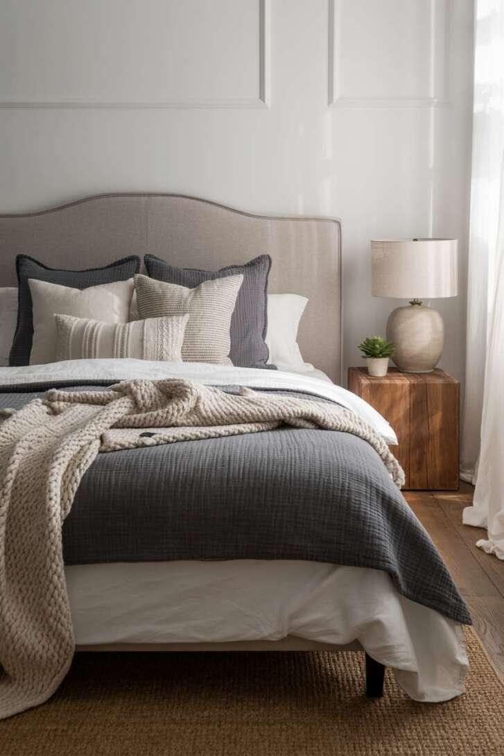 20 Cozy Grey and White Bedroom Ideas for Peaceful Nights 16 Bedroom with rustic wooden nightstand and woven jute rug