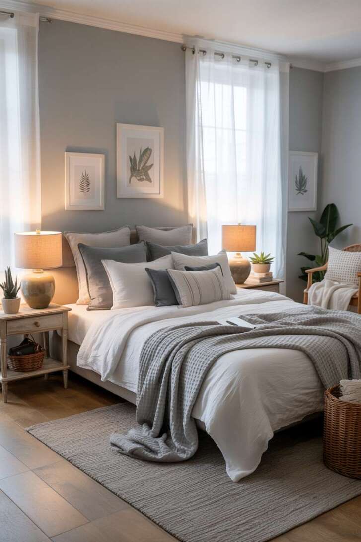 20 Cozy Grey and White Bedroom Ideas for Peaceful Nights 17 Scandinavian-inspired bedroom with botanical prints and woven baskets