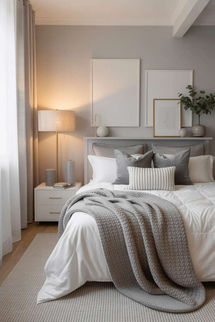 20 Cozy Grey and White Bedroom Ideas for Peaceful Nights 19 Bedroom with subtle grey accent wall and brass-handled nightstand