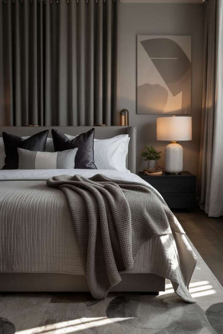 20 Cozy Grey and White Bedroom Ideas for Peaceful Nights 20 Monochromatic bedroom featuring deep charcoal and crisp white tones