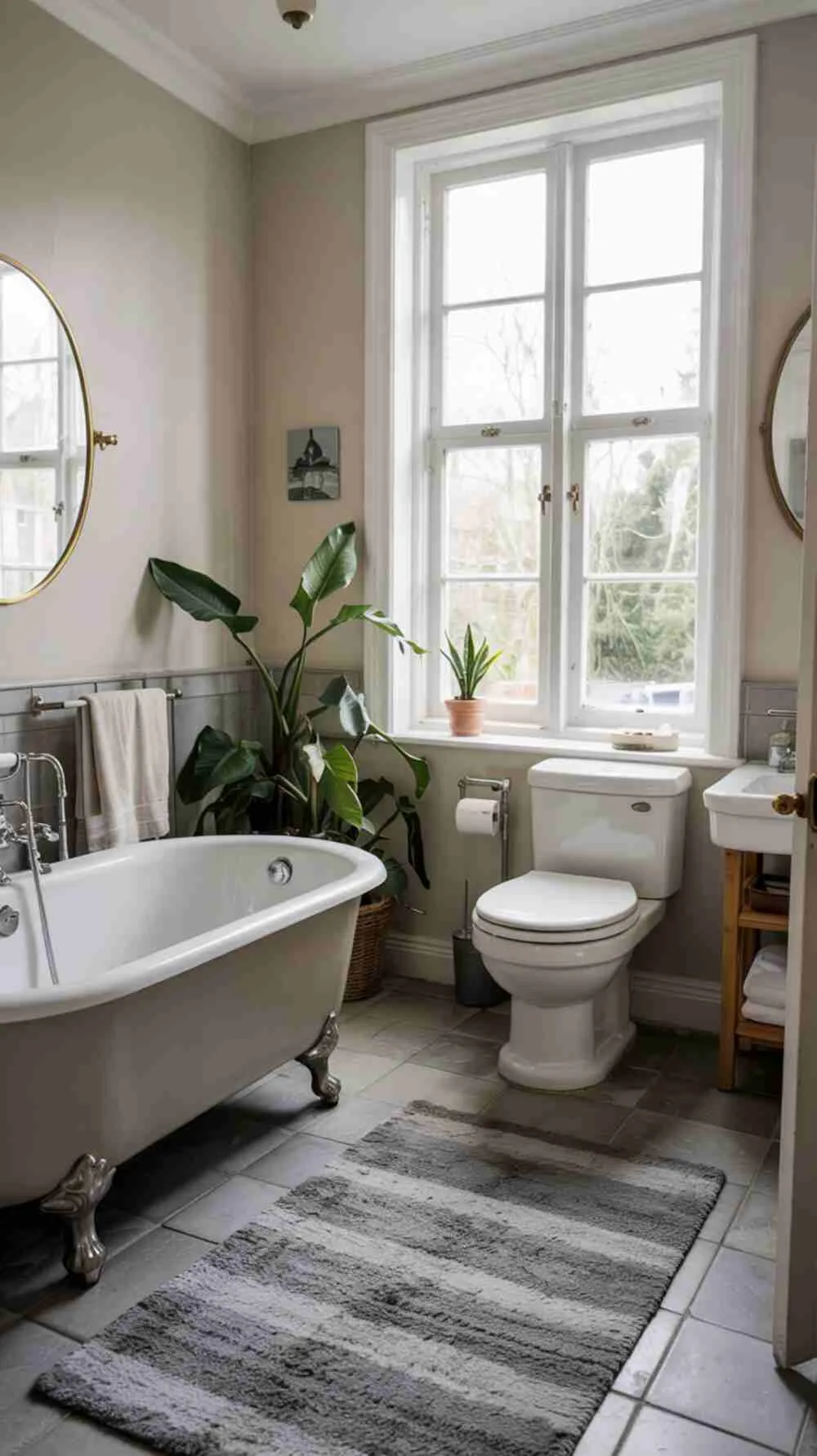 23 Gorgeous Grey Bathroom Ideas for a Stylish Upgrade 1 A stylish cozy grey bathroom with freestanding bathtub, natural light, and soft beige walls