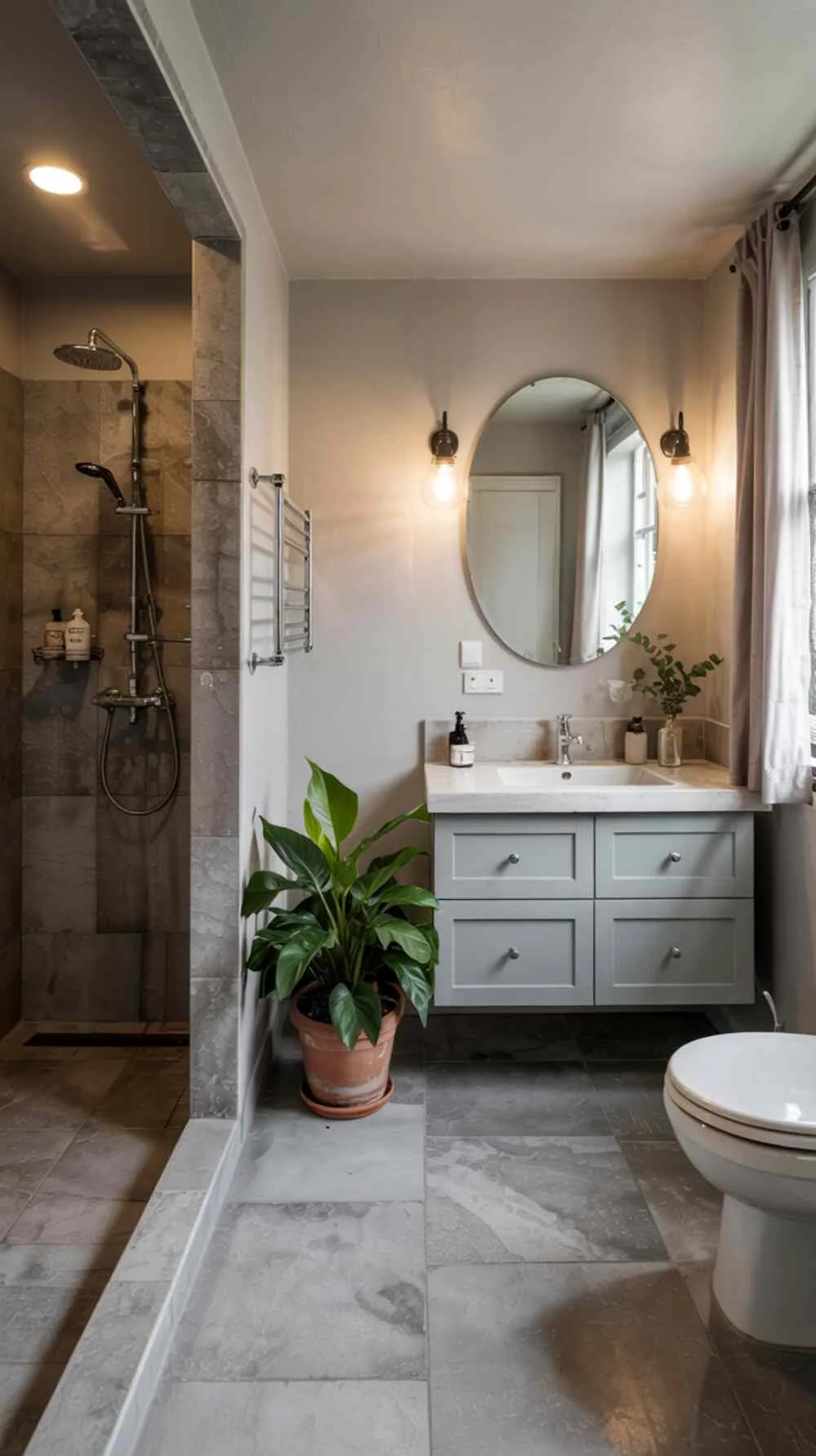 23 Gorgeous Grey Bathroom Ideas for a Stylish Upgrade 2 A stylish grey bathroom featuring a walk-in shower, floating vanity, and large grey floor tiles