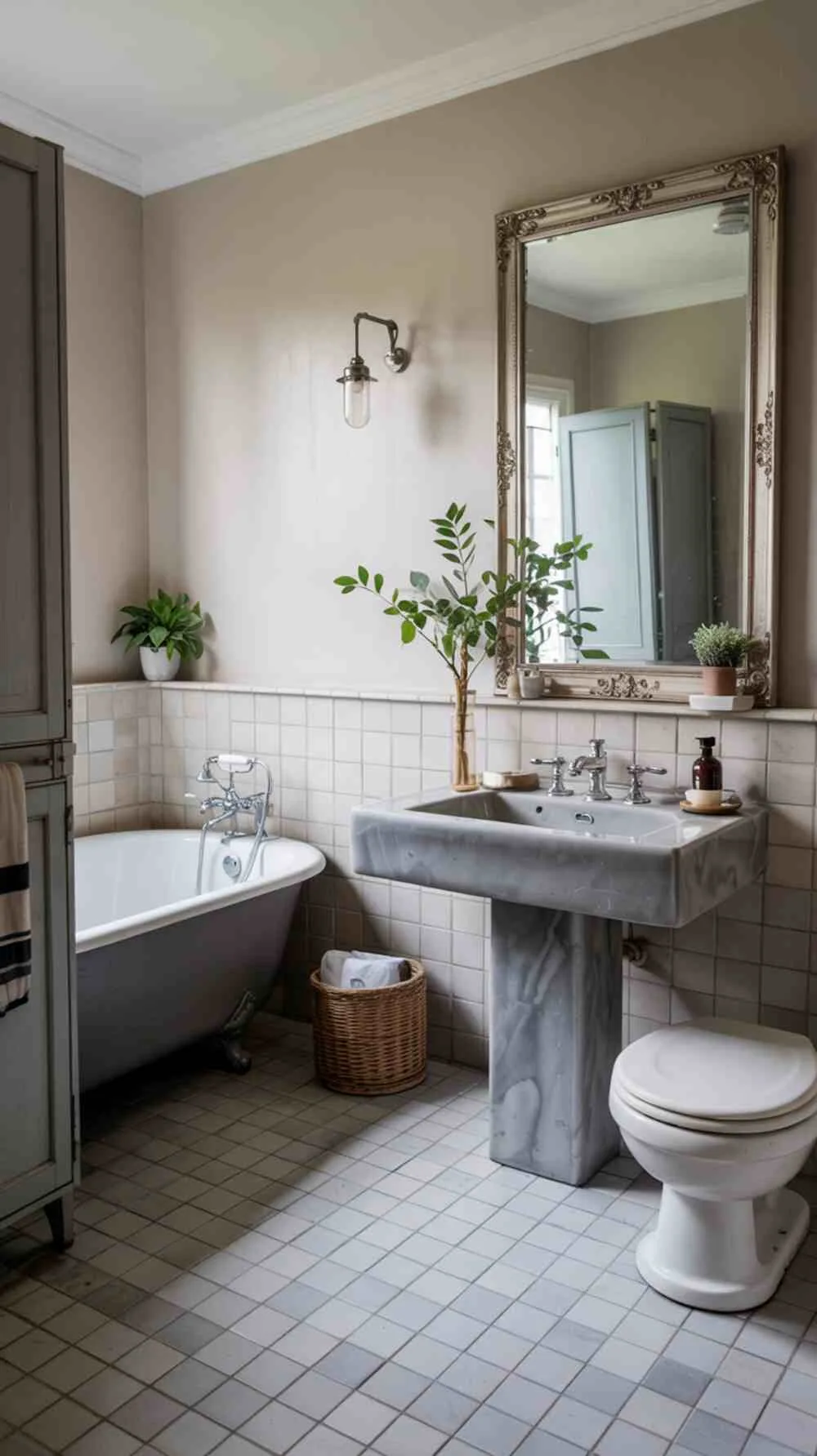23 Gorgeous Grey Bathroom Ideas for a Stylish Upgrade 3 A cozy grey bathroom with freestanding bathtub, mirror-topped sink, and grey and white tiled floor