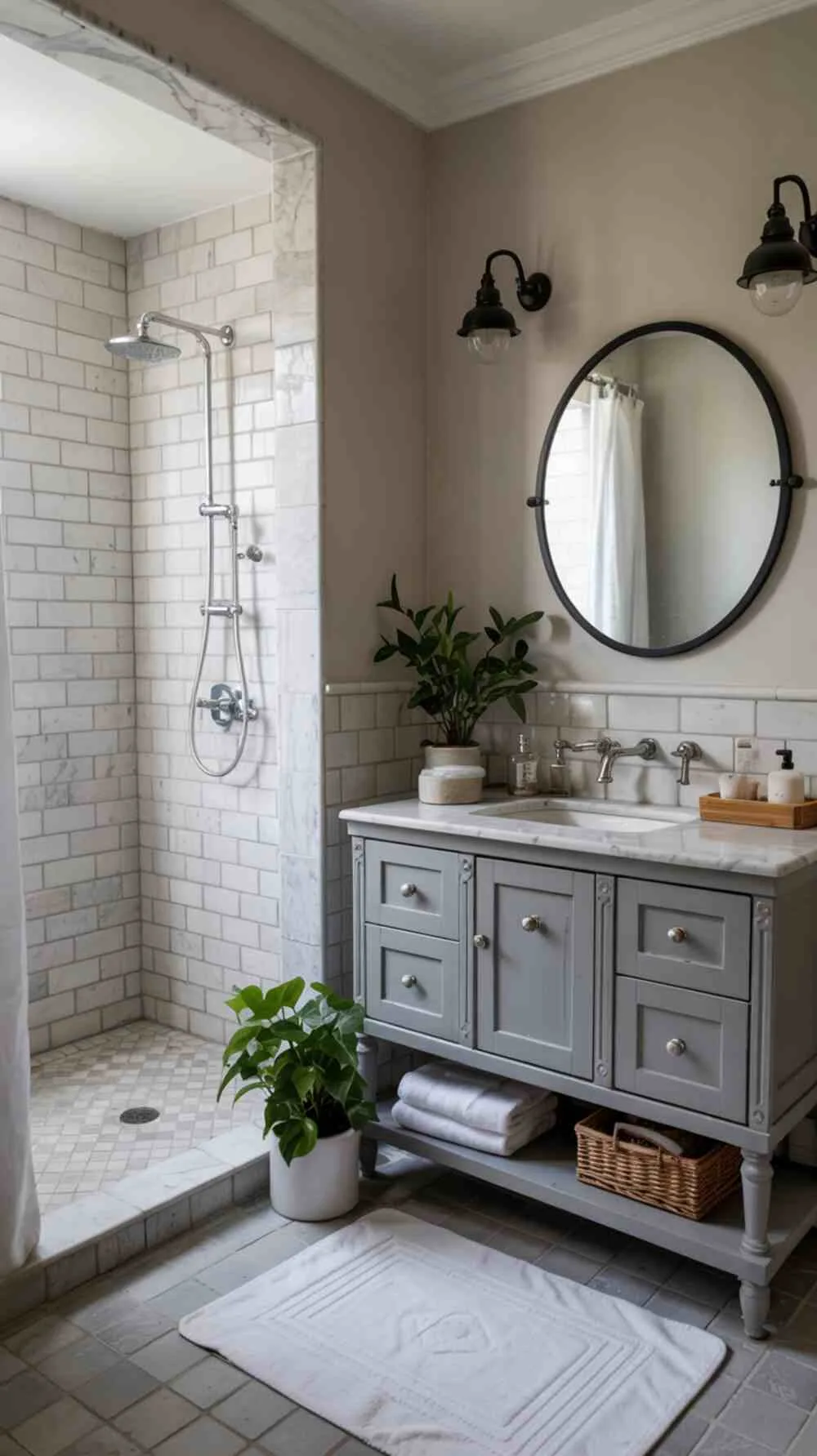 23 Gorgeous Grey Bathroom Ideas for a Stylish Upgrade 4 A stylish grey bathroom with walk-in shower, marble countertop vanity, and soft beige walls