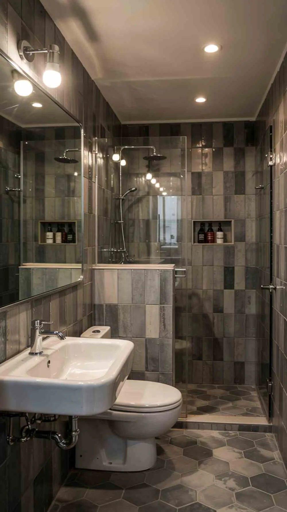 23 Gorgeous Grey Bathroom Ideas for a Stylish Upgrade 5 A modern grey bathroom with hexagonal wall tiles, glass walk-in shower, and ambient lighting