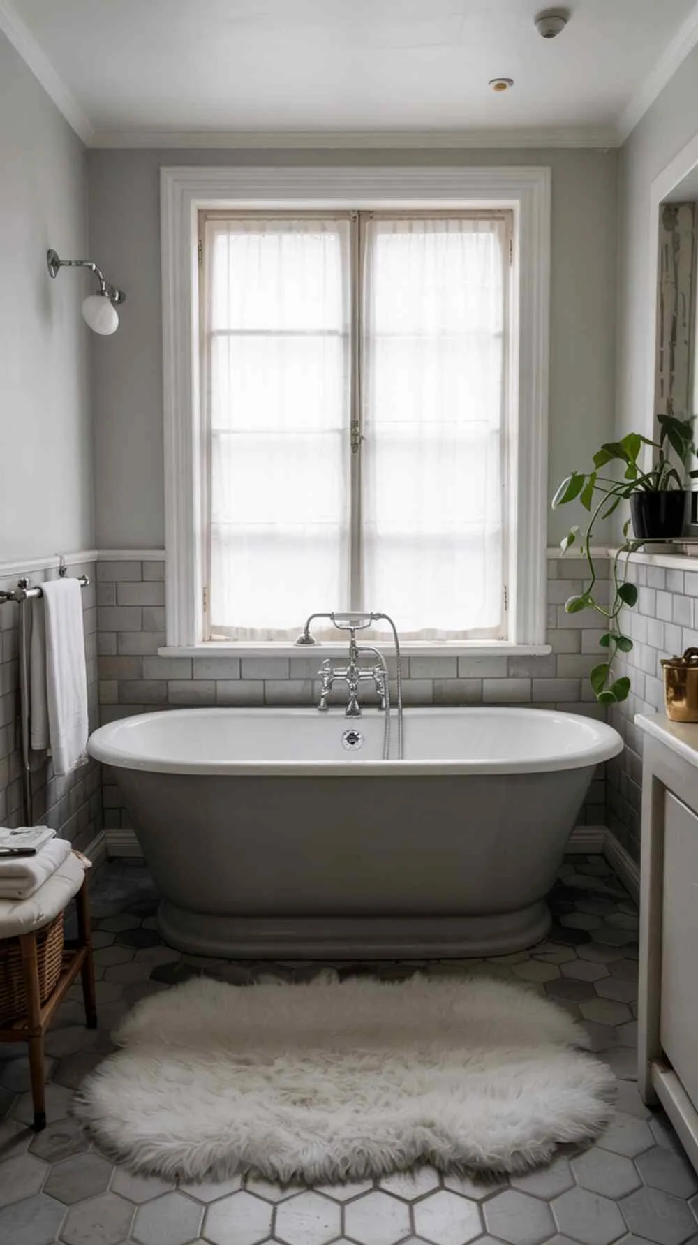 23 Gorgeous Grey Bathroom Ideas for a Stylish Upgrade 6 A serene grey bathroom with a freestanding bathtub positioned in front of a large window