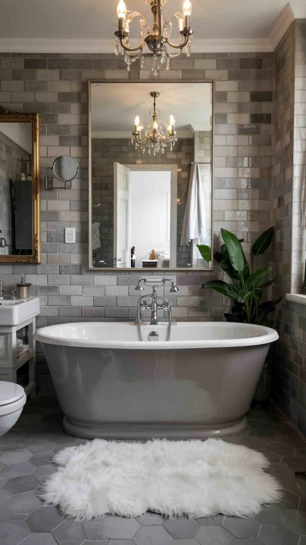 23 Gorgeous Grey Bathroom Ideas for a Stylish Upgrade 7 A stylish grey bathroom with a modern freestanding tub in the center and hexagonal tile walls