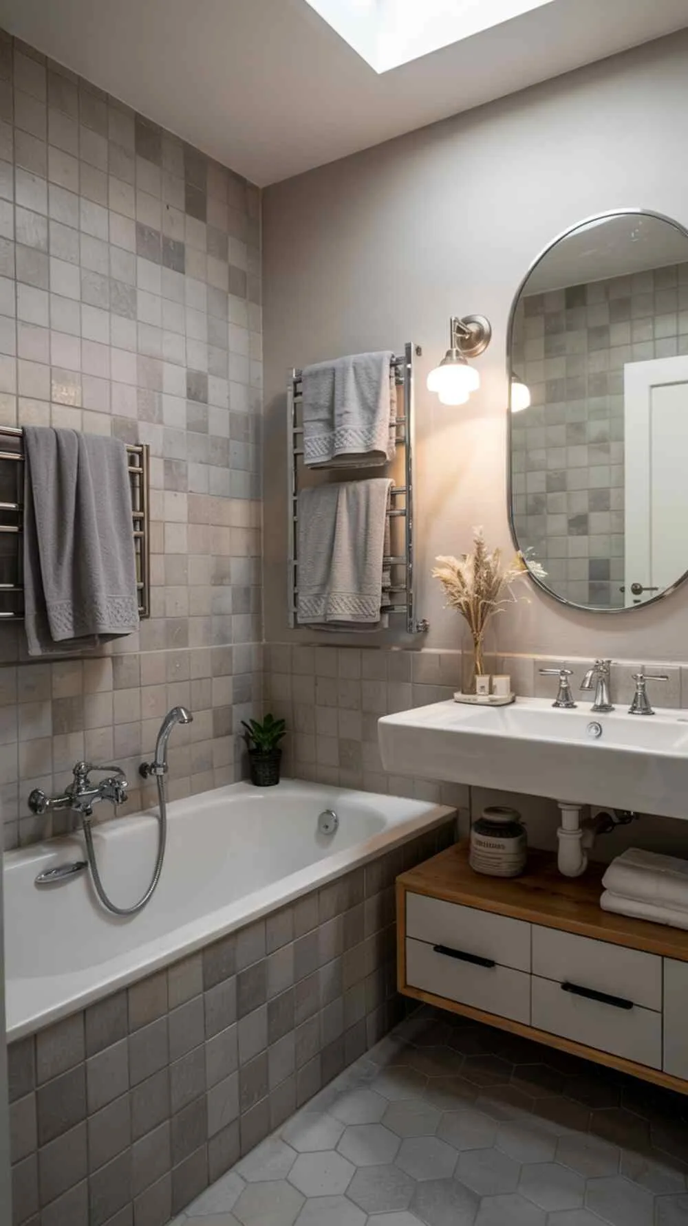 23 Gorgeous Grey Bathroom Ideas for a Stylish Upgrade 8 A warm grey bathroom with a rectangular bathtub, floating vanity, and hexagonal tiled wall