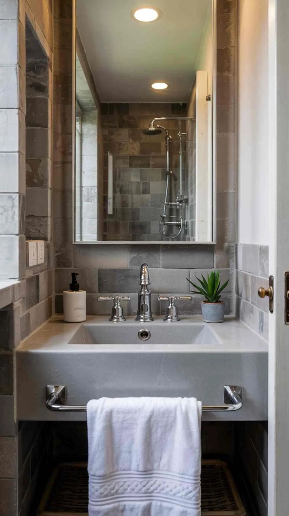23 Gorgeous Grey Bathroom Ideas for a Stylish Upgrade 9 A modern grey bathroom with a rectangular sink, chrome fixtures, and ambient lighting
