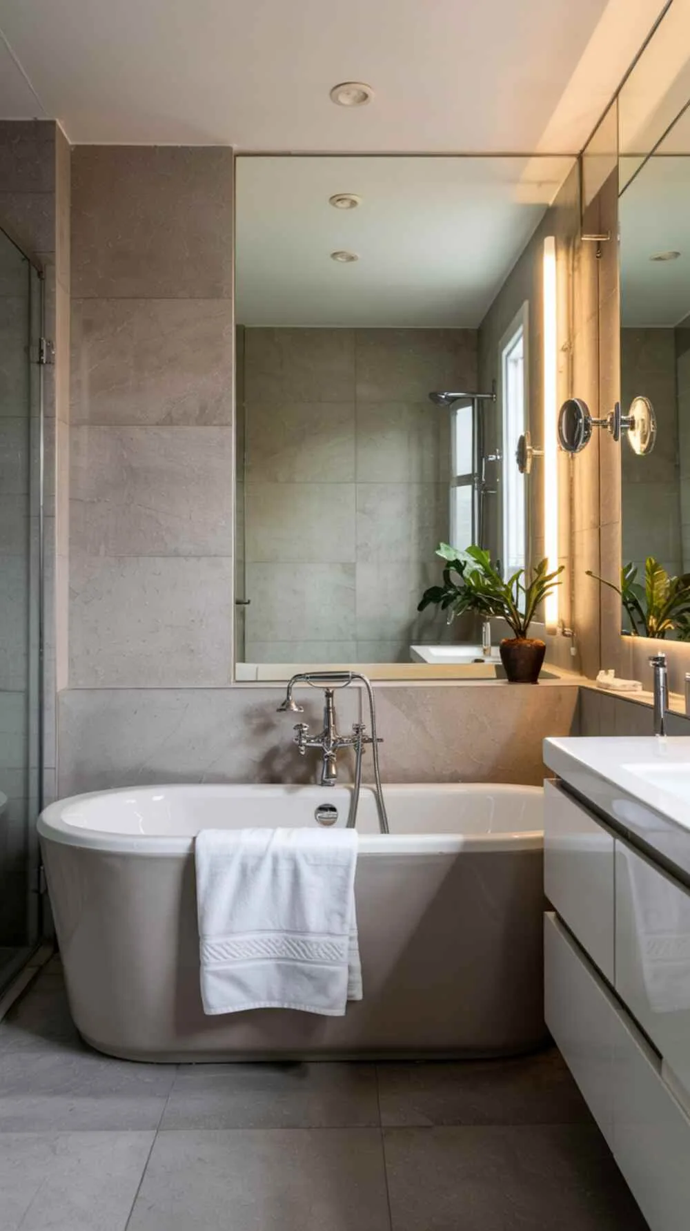 23 Gorgeous Grey Bathroom Ideas for a Stylish Upgrade 10 A minimalist grey bathroom with a freestanding bathtub and mirrored wall reflecting ambient light