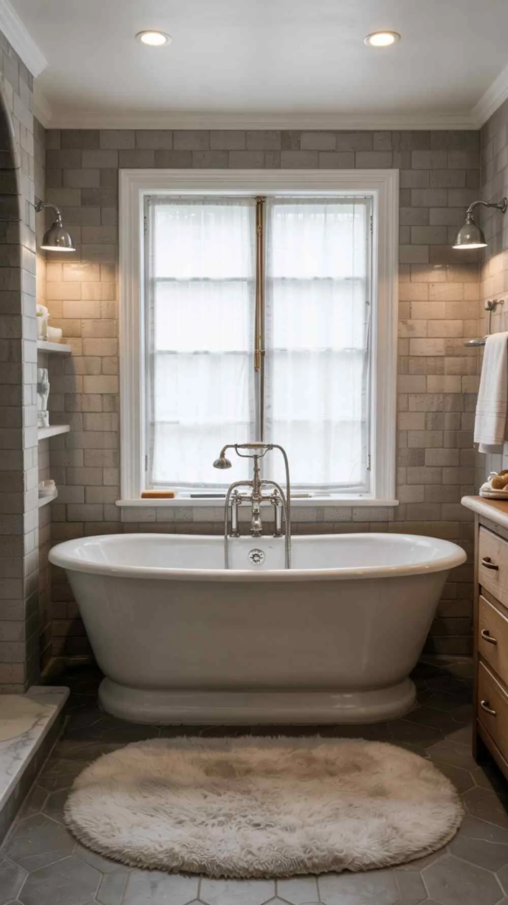 23 Gorgeous Grey Bathroom Ideas for a Stylish Upgrade 11 A modern grey bathroom with a freestanding bathtub positioned in front of a window with sheer curtains
