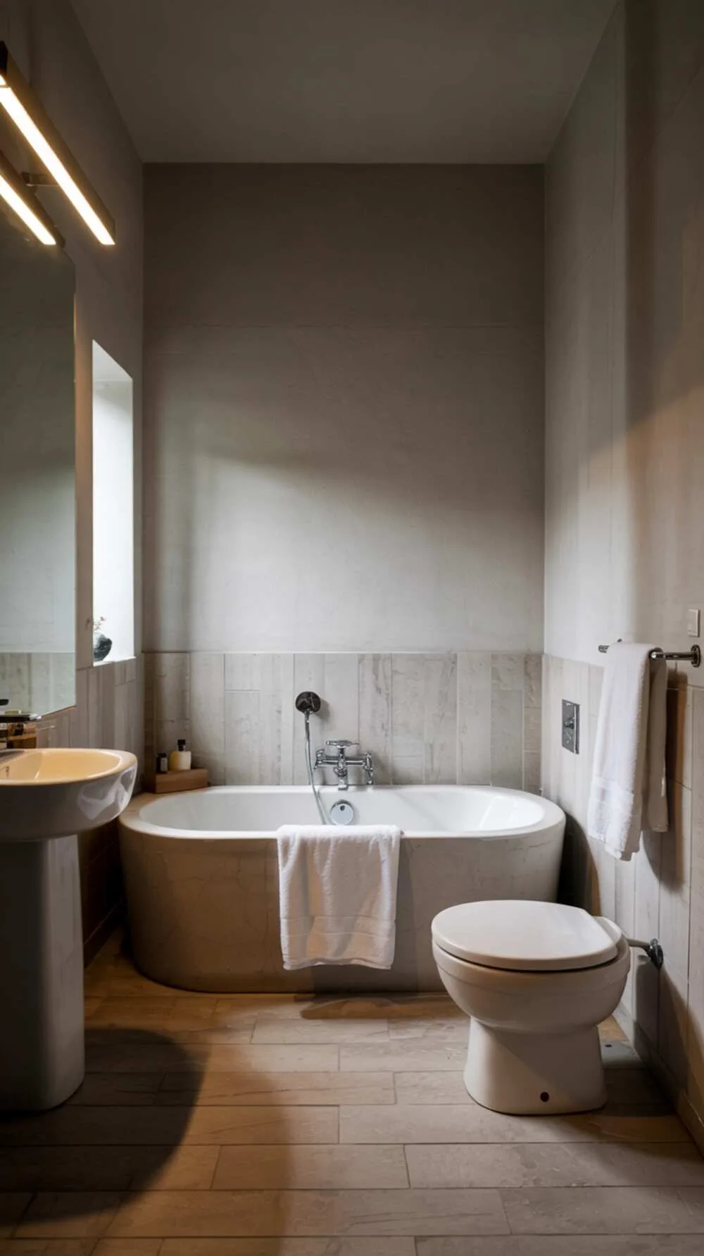 23 Gorgeous Grey Bathroom Ideas for a Stylish Upgrade 12 A minimalist grey bathroom with a modern bathtub, fogged mirror, and warm wood floor tiles