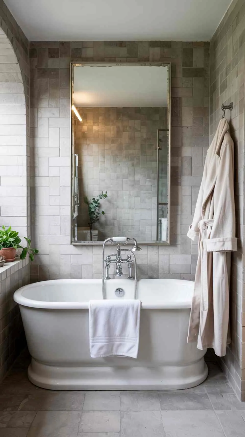 23 Gorgeous Grey Bathroom Ideas for a Stylish Upgrade 13 A minimalist grey bathroom with a freestanding bathtub, hexagonal tiles, and light grey stone floor