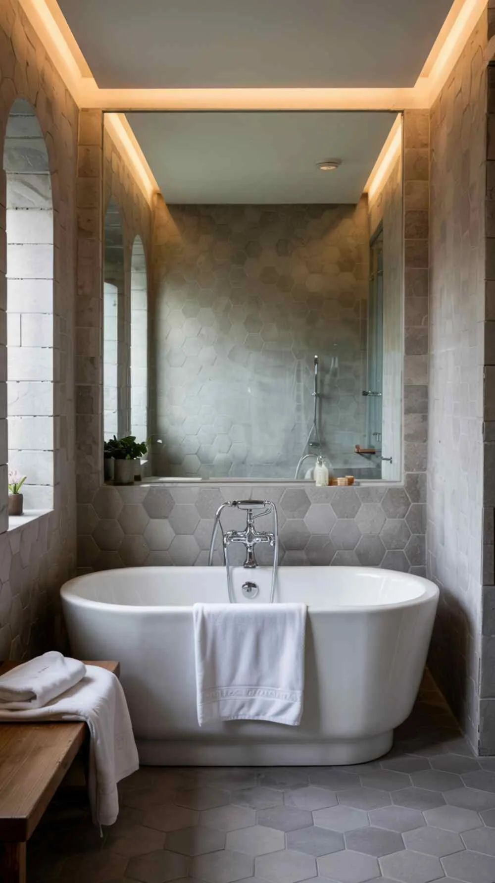 23 Gorgeous Grey Bathroom Ideas for a Stylish Upgrade 15 A minimalist grey bathroom with curved freestanding bathtub, hexagonal tiles, and ambient lighting