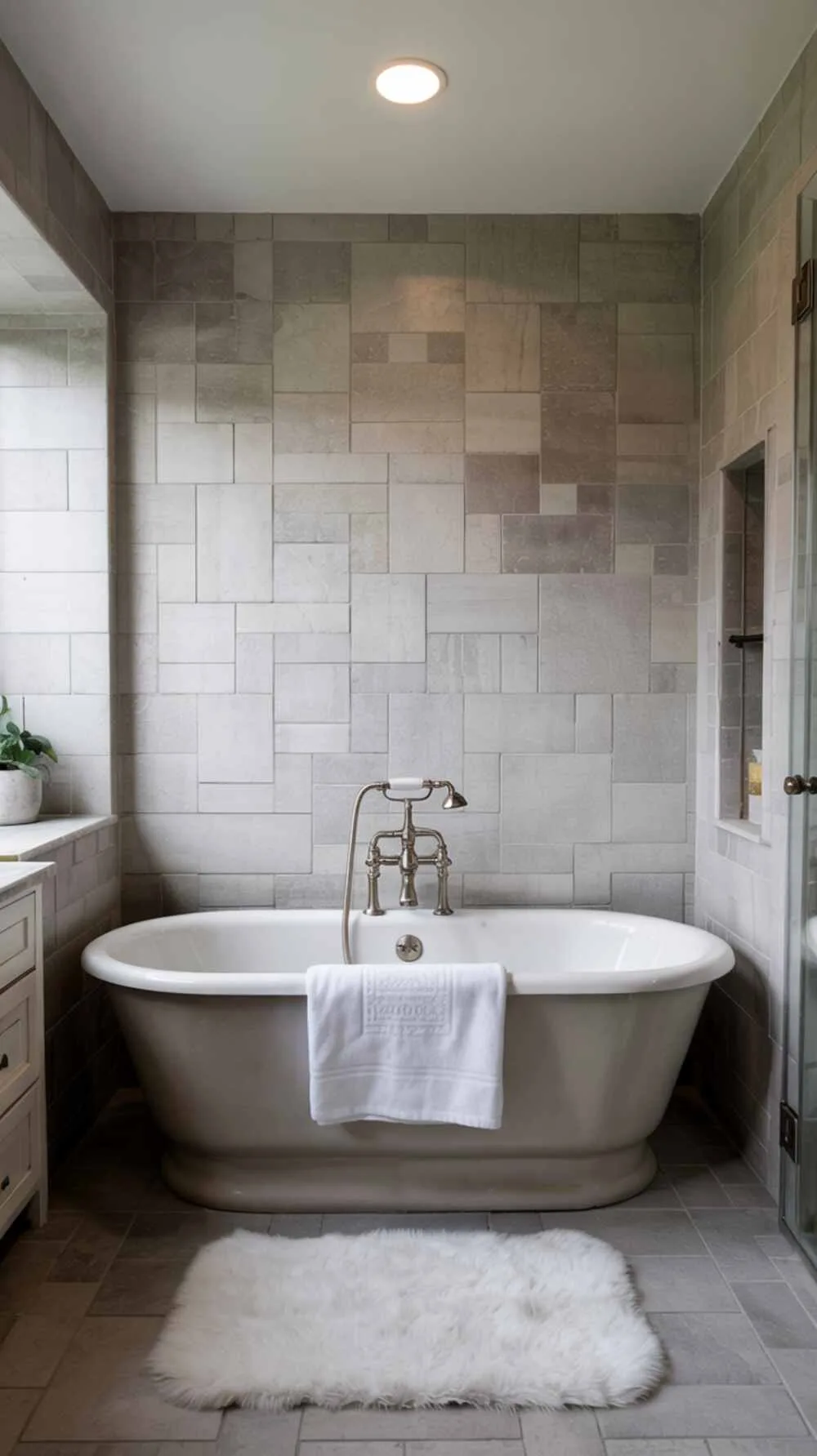 23 Gorgeous Grey Bathroom Ideas for a Stylish Upgrade 16 A modern grey bathroom with freestanding bathtub, textured tiles, and glass shower door